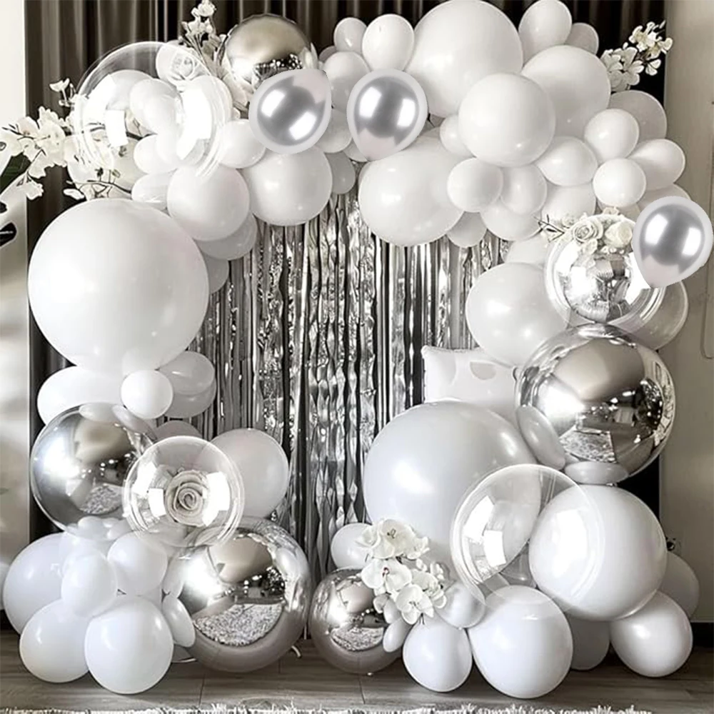 90pcs White Silver Balloon Garland Silver Balloon White Pearl balloon Arch Kit for Baby Shower Birthday Wedding Party Decor