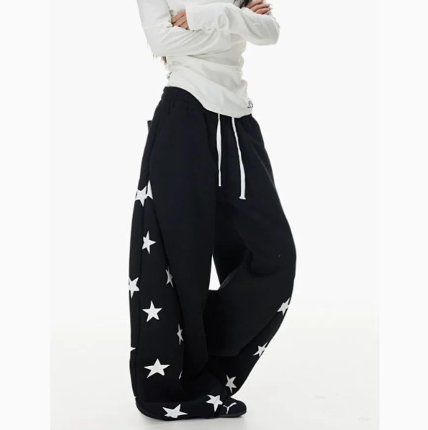 Whisper Lumi Retro Hip Hop Wide Leg Pants Side Star Print Curved Sweatpants Women Loose Jazz Dance Streetwear Trousers