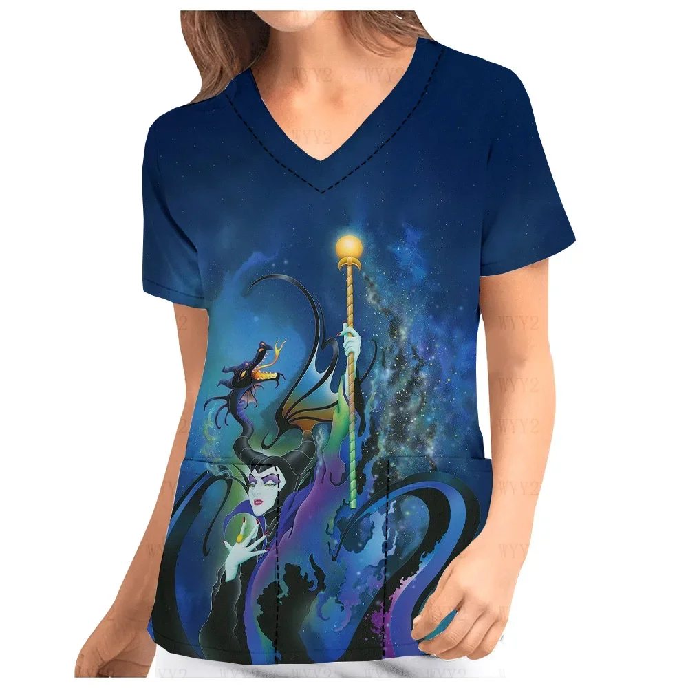 جديد المرأة ممرضة موحدة جيب الأعلى الخامس الرقبة طباعة فرك الأعلى ديزني Maleficent طباعة الصيف قصيرة الأكمام المرأة العمل موحدة #6
