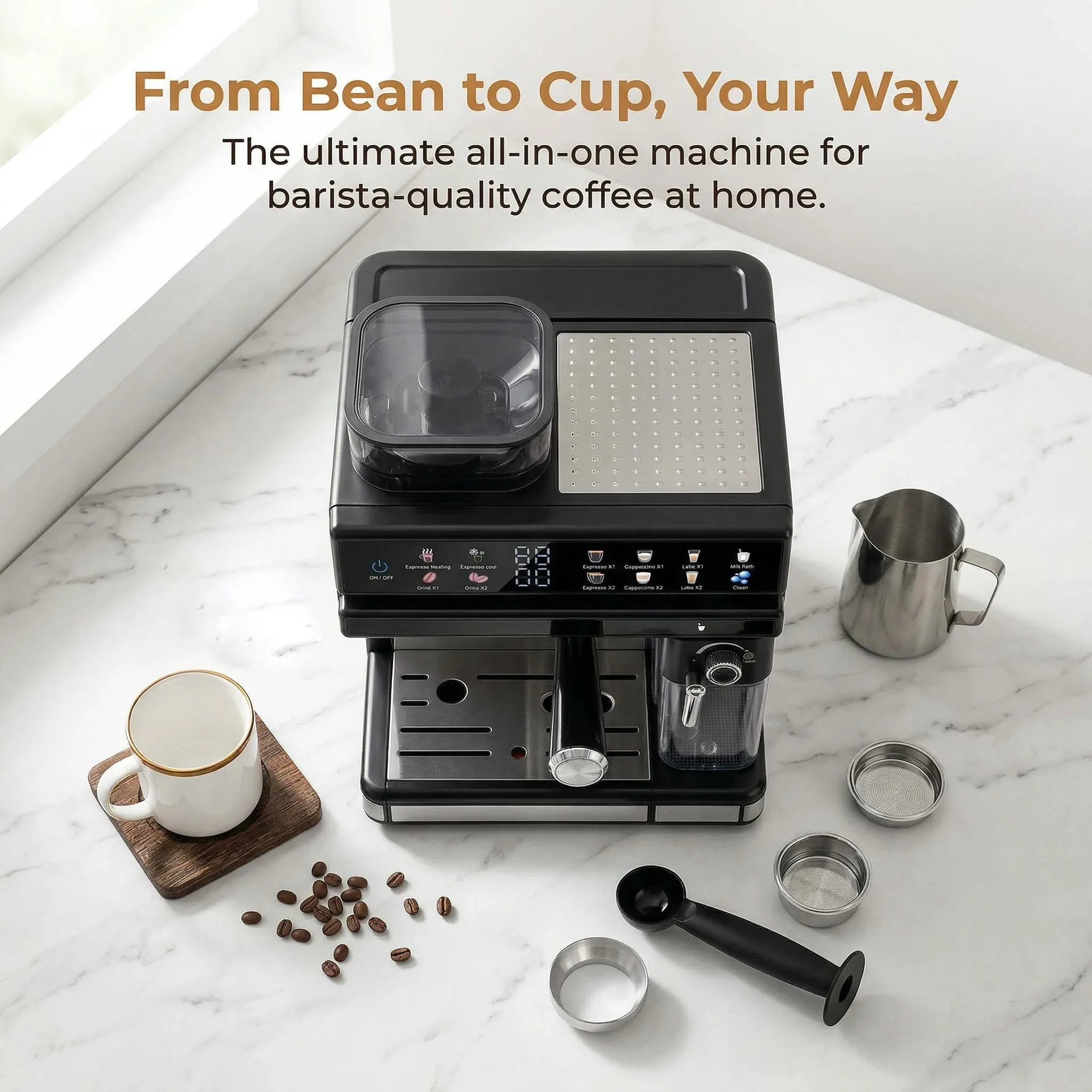 2.6L Water Tank Touch Control Semi Automatic Espresso Machine 20 Bar Steam Extraction Built In Coffee Grinder