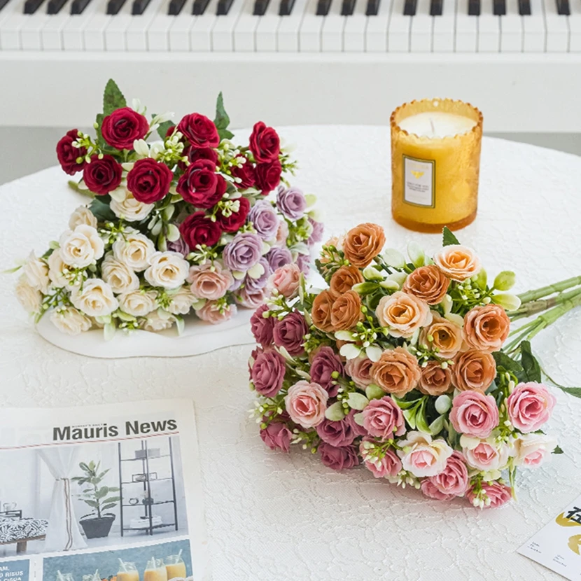 

10pcs 15 Heads Silk Roses Wedding Bridal Bouquets Christmas Wreath Vase Decorations Home Bonsai DIY Scrapbook Artificial Flowers