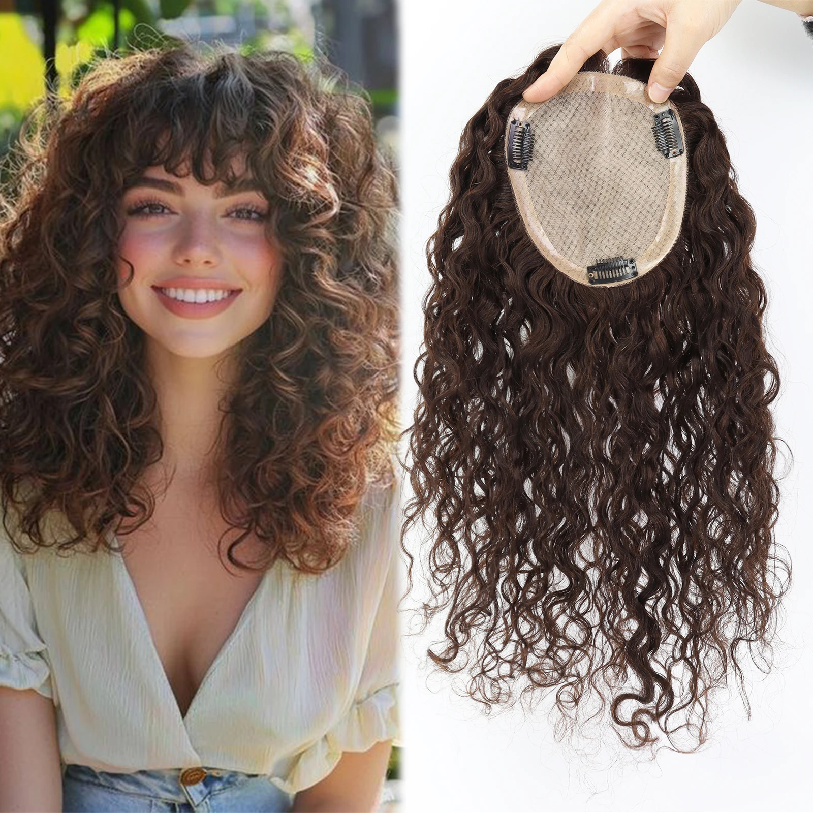 

Вьющийся волнистый шелковый топпер с челкой, завязанный вручную парик, настоящие человеческие волосы Remy для женщин, мягкие дышащие