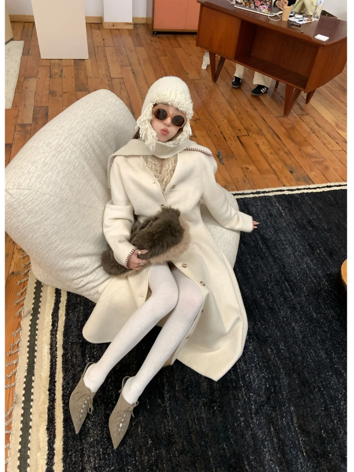 

Zoneelea Song yun Vintage Gentlewoman Double-Faced Wool Long Coat Waist-Cinching Outerwear Ele Ladylike Sle