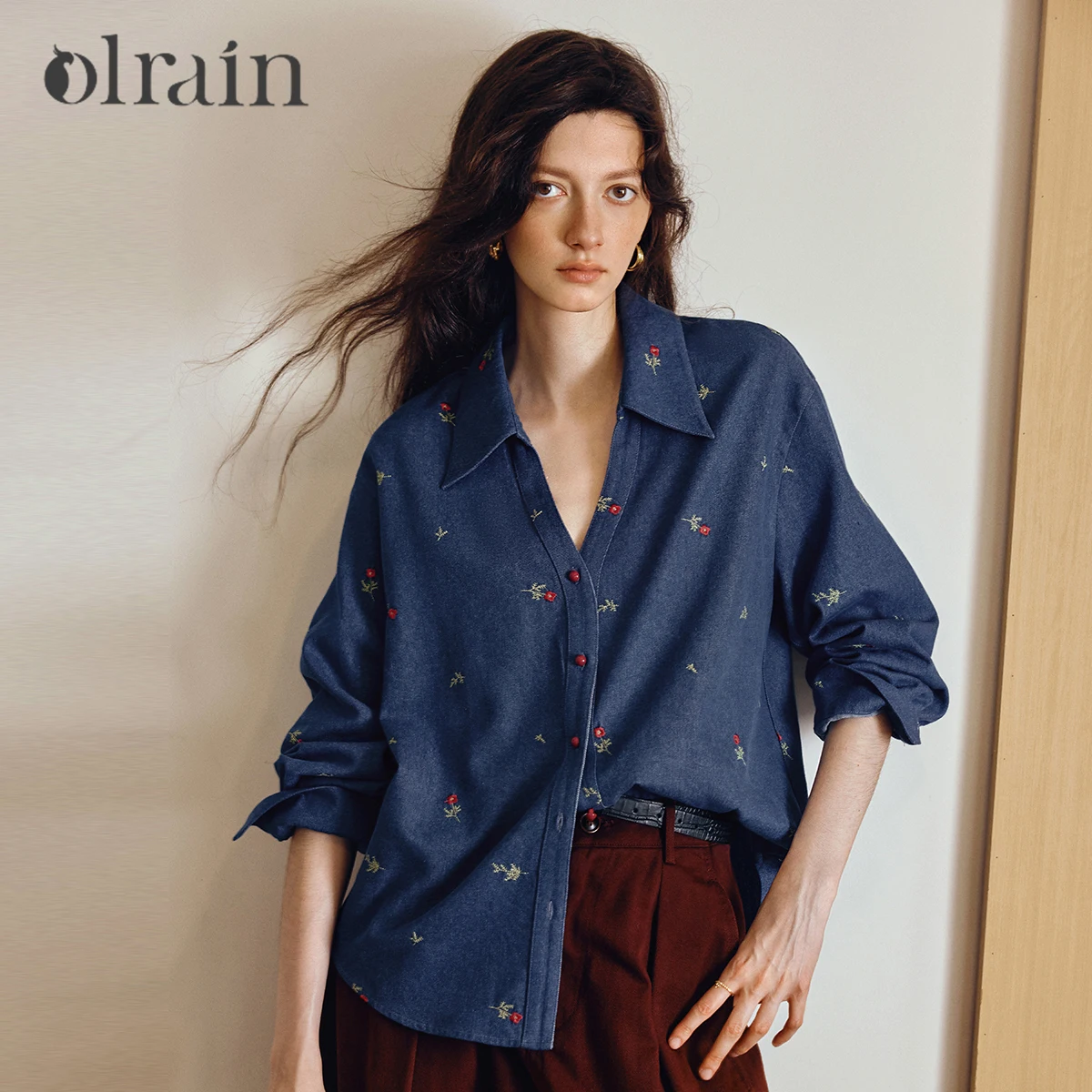 Kurtka jeansowa damska OLRain, vintage, kwiatowy haft 3D, styl prairie chic, kołnierzyk wykładany, płaszcze jeansowe damskie O57QC001682