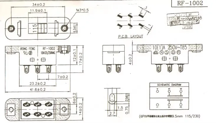 1PCS/LOT RF-1002 120V-240V voltage conversion switch 2-position 6-pin high current toggle switch 10A 250V
