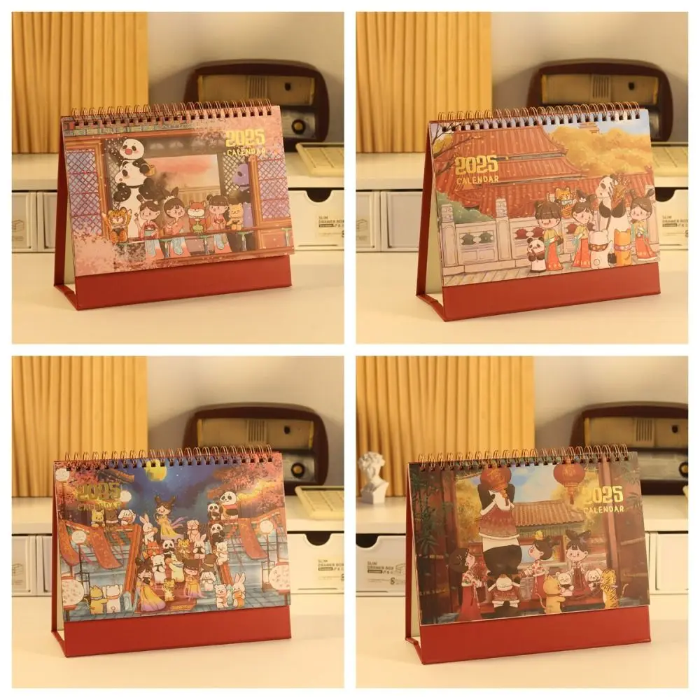 สไตล์โบราณ 2025 ปีใหม่ปฏิทินตั้งโต๊ะตารางรายวันรายเดือนยืนพลิกปฏิทินการวางแผนการจัดการเวลา