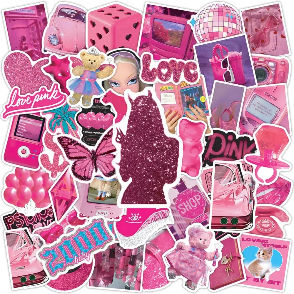 10/30/50pcs Vintage Pink Y2K Stickers Retro Charm Aesthetic Decals Water Bottle Phone Laptop Skateboard Fun Cartoon Toy Decal