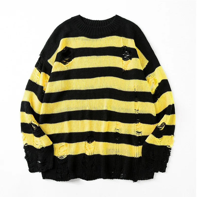 2023 Striped Sweaters Punk Unisex Sweater Autumn Hollow Out Hole Broken Jumper Loose Oversized Pullouvers Harajuku Streetwear