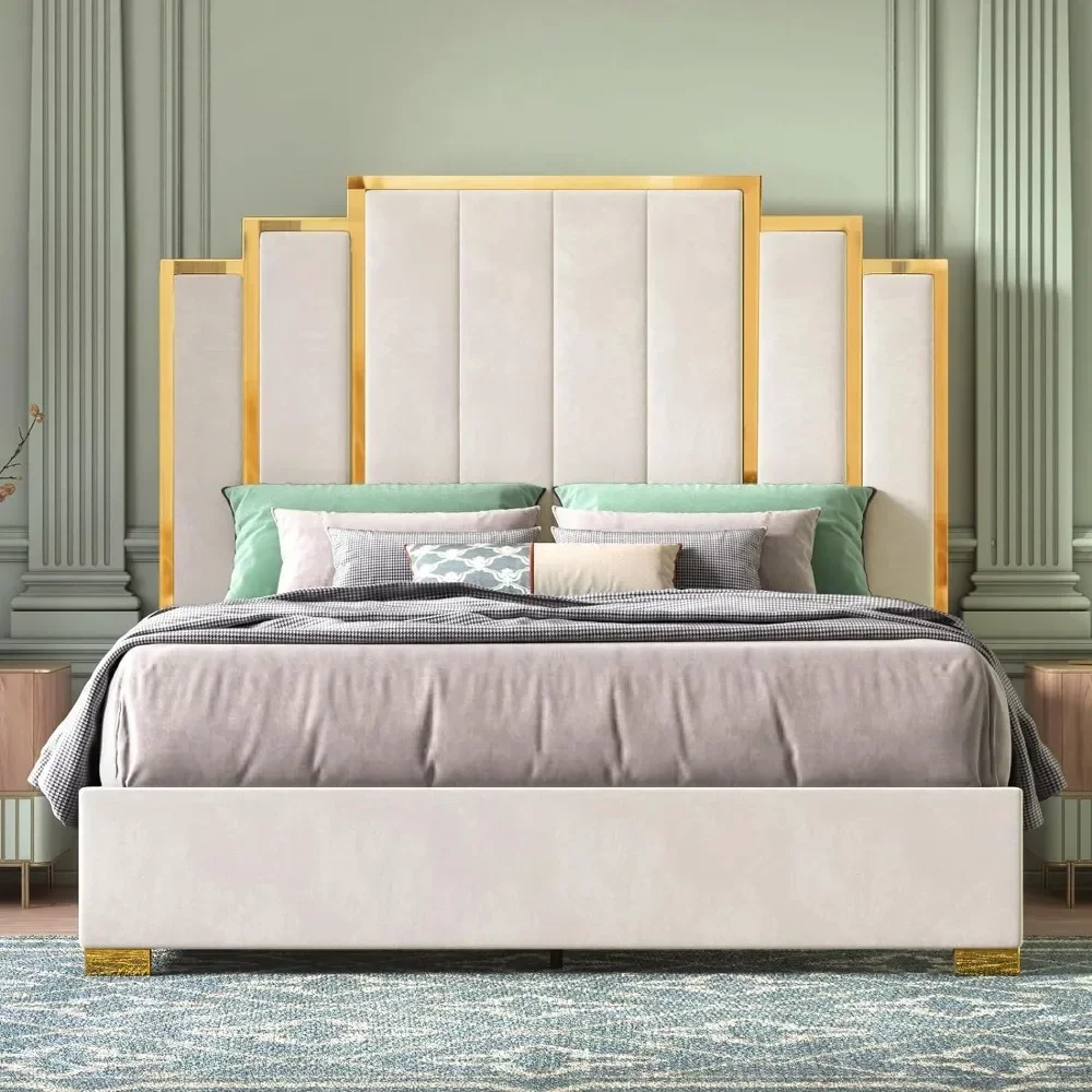 

King Size Bed Frame and 65" Headboard, Upholstered Bed with Golden Plating Trim, Modern Platform Bed No Box Spring Needed, Cream