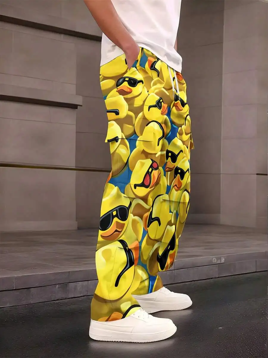 

Mens Casual Straight Leg Pants With Yellow Duck Sunglasses Print Elastic Drawstring Waist