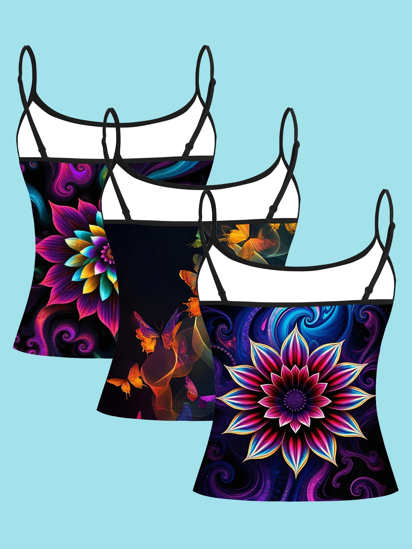 3-Piece Set of Colorful Butterfly Floral Swirl Print Camisoles, Slim-Fit and Flattering, Suitable for Both Inner and Outer Wear