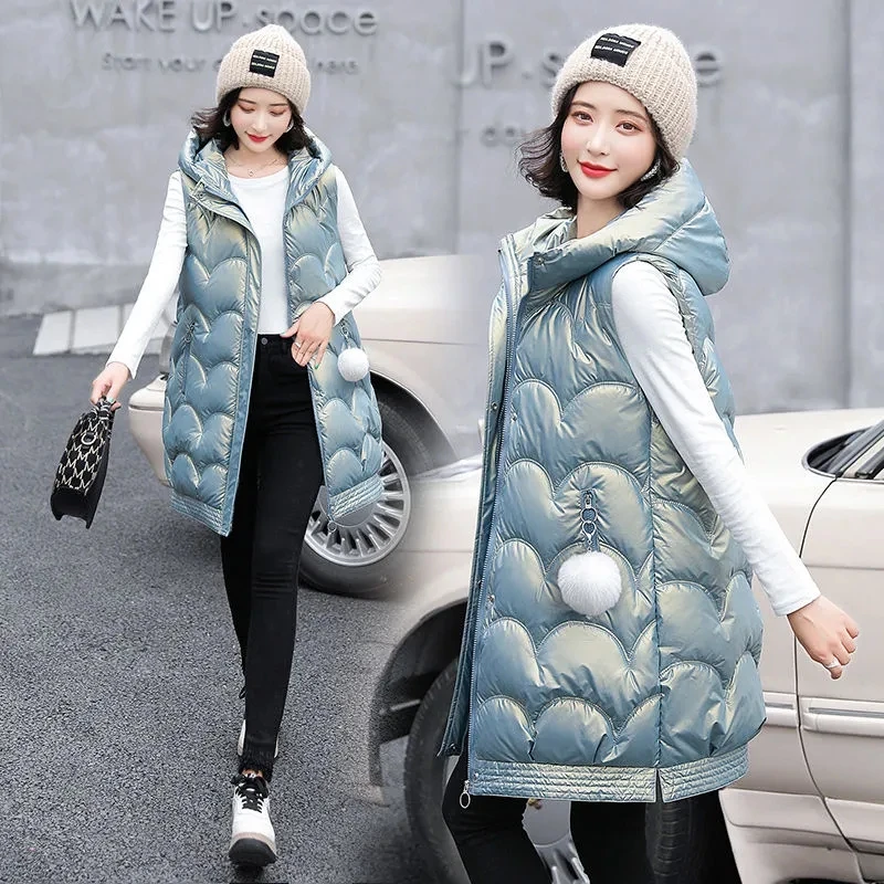 2024 Oversized Cotton Vests Sleeveless Coat Women Autumn Winter Hooded Waistcoat Puffer Parkas Long Warm Down Cotton Outwear