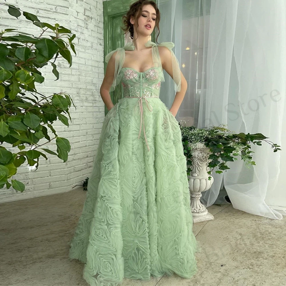 

Customized Gorgeous Ruffles A-Line Evening Dresses Ladies Tulle Sweetheart Applique Sequins Beads Sweep Train Backless Spaghetti