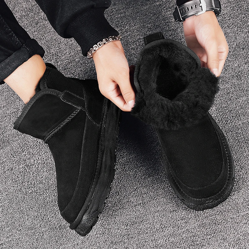 New Leather Men\'s Boots 2024 Winter Platform Warm Fur Ankle Short Slip On Fashion Casual Work Shoes Botas Platform Boots