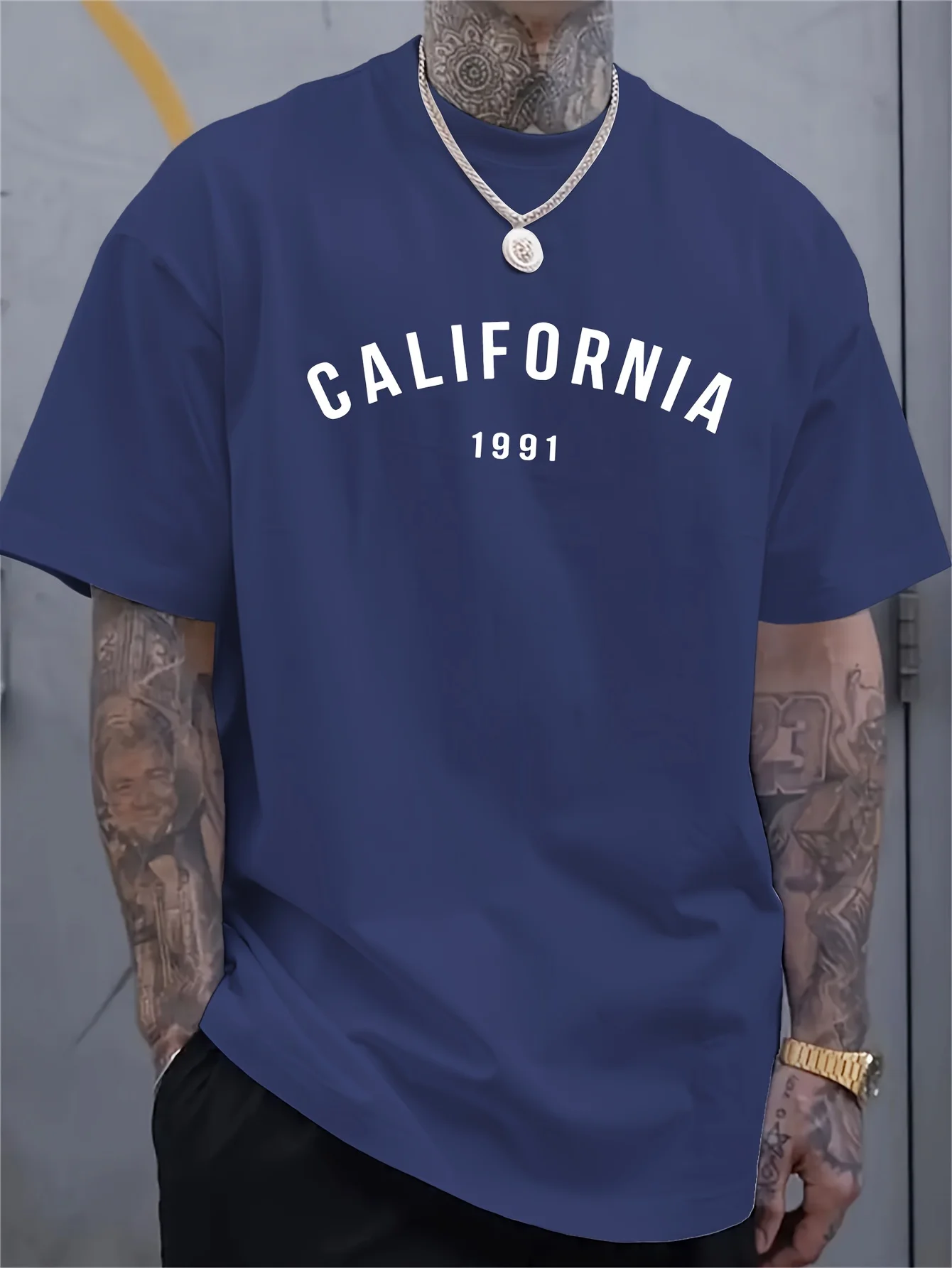تي شيرت رجالي صيفي 100% من القطن الخالص عصري فضفاض رياضي كاليفورنيا 1991 نمط طباعة رقبة مستديرة وأكمام قصيرة تي شيرت علوي