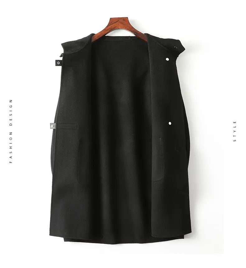 Neue Modische Doppelseitige POLYESTER-Jacke mit Kapuze für Damen Herbst Winter Doppelseitige Woll-Windjacke Eleganter Schlanker Wollmantel – Detail 15