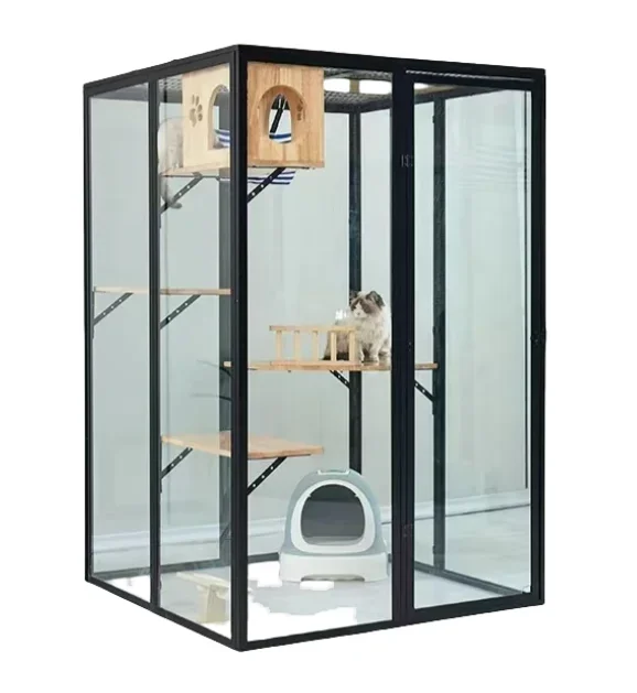 

Customized Cat Crawling House 126*100*183cm Black Anodized Aluminum Frame Cat Cabinet Luxury Cattery