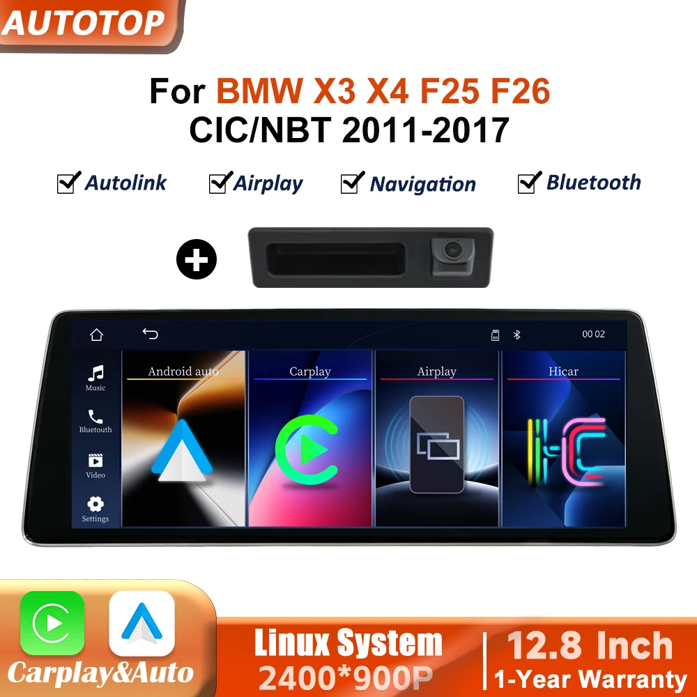 Autoradio sans fil CarPlay Android Auto Linux 12.3 pouces 2400*900P pour BMW X3 X4 F25 F26 2011-2017 CIC NBT, lecteur vidéo multimédia, écran tactile avec Airplay Autolink Mirror Link WiFi Bluetooth GPS Navigation Navi