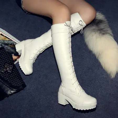 Hot Sale Spring Autumn Lacing Knee High Boots Women Fashion White Square Heel Woman Leather Shoes Winter PU Large Size 43