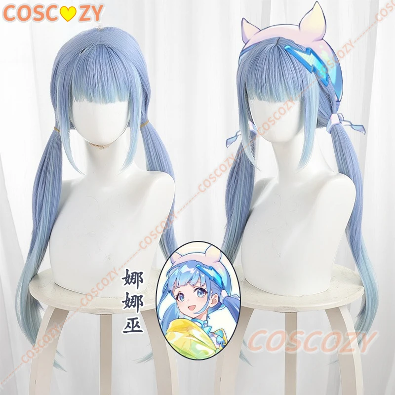 Juego Honkai: Nanafey Nana Wu, peluca de Cosplay, pelo de cola de caballo doble degradado azul claro, peluca de juego de rol para fiesta de Halloween + gorro gratis