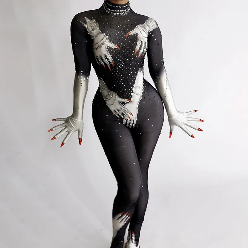 Tuta da donna sexy Mani da donna Zentai Paillettes lucide Modello stampato Body Costumi di spettacolo per feste di carnevale di Halloween
