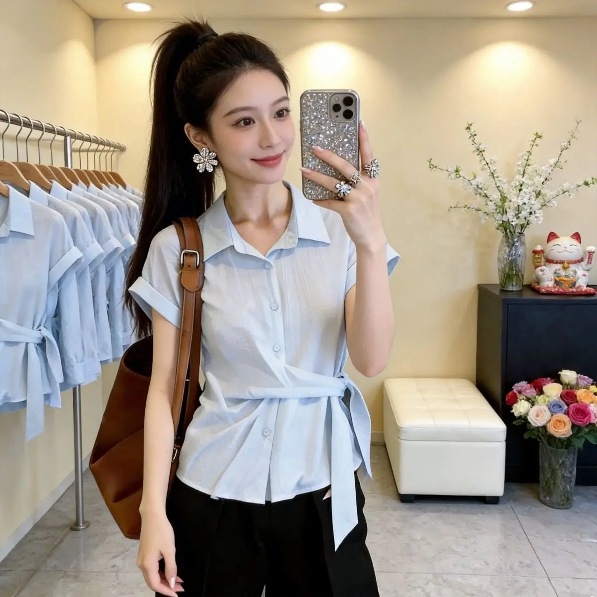 

Синяя женская рубашка в корейском стиле, свободного кроя, с коротким рукавом, приталенная, с отложным воротником, летний топ от фабрики №13 Гуанчжоу