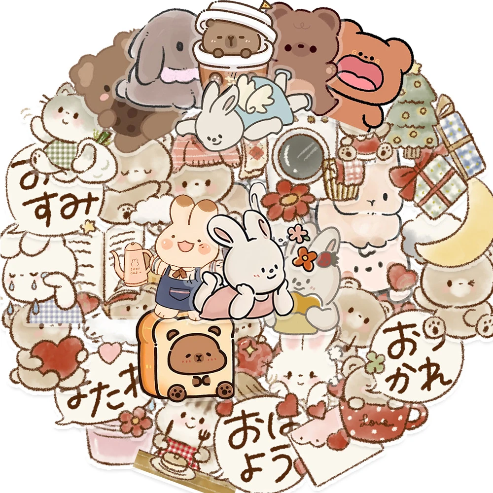 

10/30/50pcs Transparent INS Style Rabbit Bear Stickers Kawaii Girls Cartoon Decals Cute Decorative Scrapbooking Bike