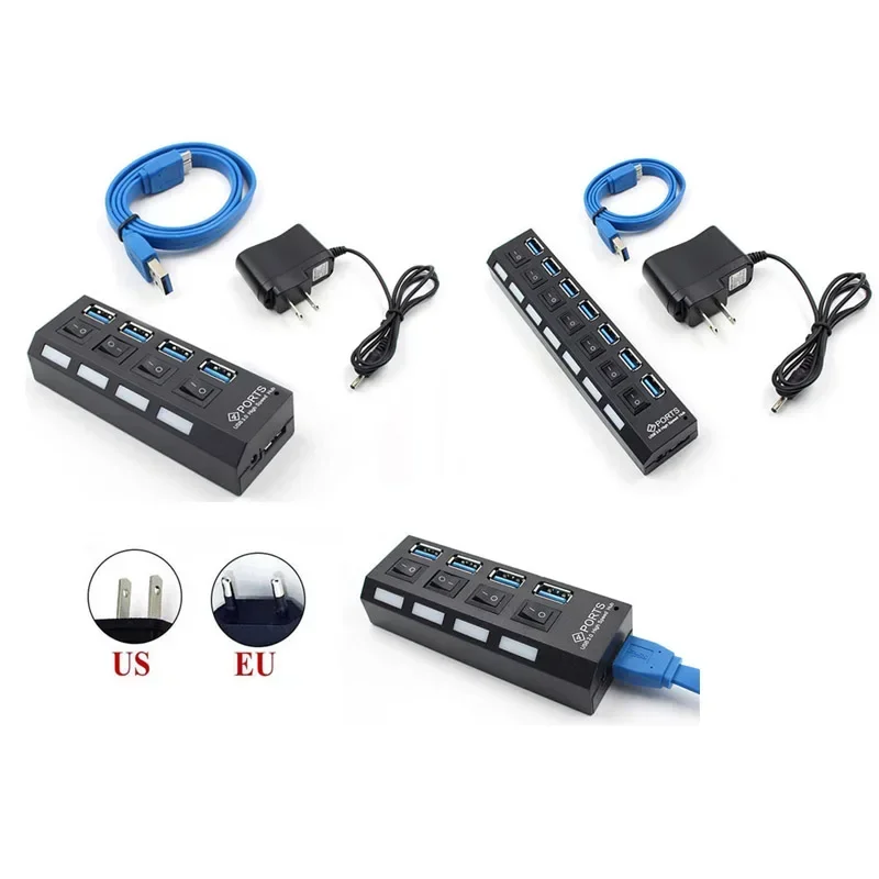 Set Multi Ports 4/7 Ports Micro USB 3.0 HUB Splitter with Switches AC Power Adapter USB Hab High Speed 5gbps USB Port HUB for PC