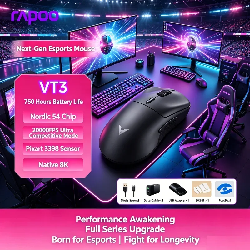 Hot Sale Macro Enabled Rapoo VT3 MAX Wireless Mouse True 8K Polling Rate 53g Lightweight Body 750Hr Battery Performance