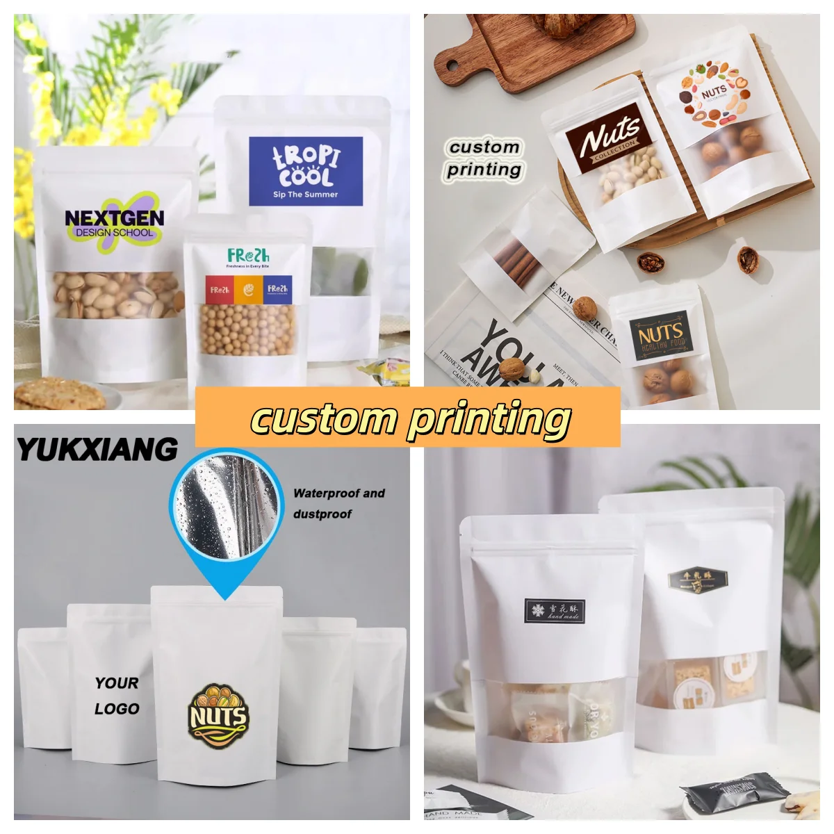 Bolsa de papel Kraft blanco con revestimiento de aluminio, bolsa de embalaje de alimentos de frutas secas, bolsa autosellante de papel Kraft independiente para aperitivos ST