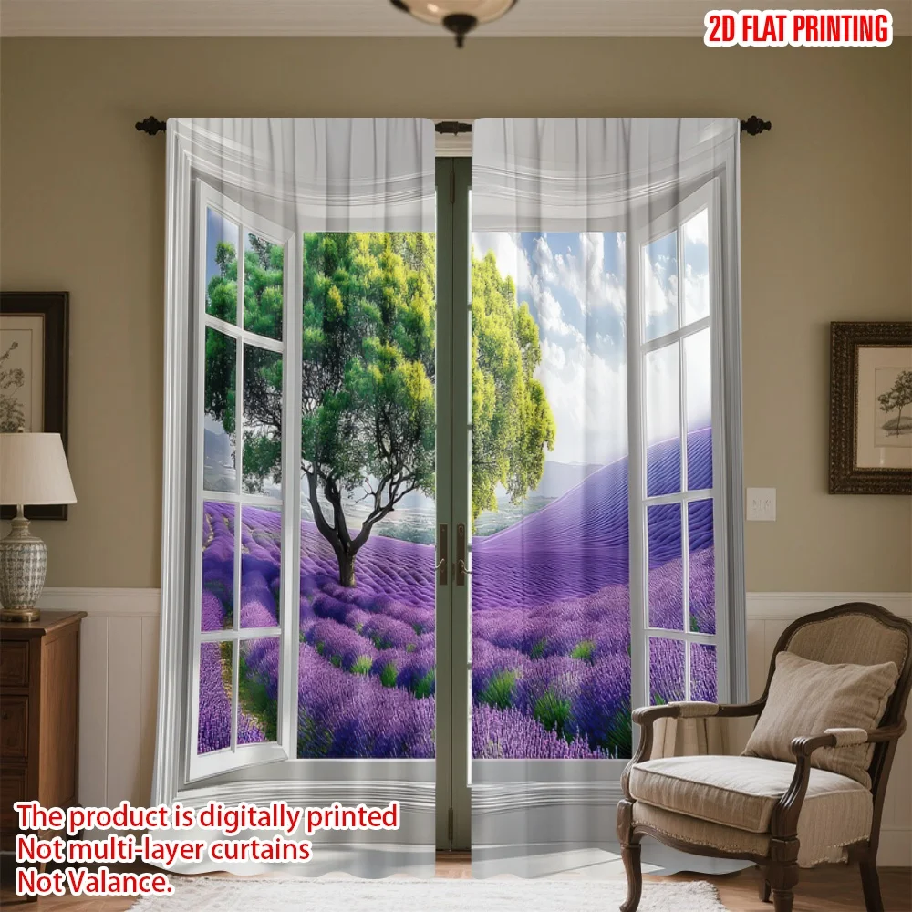 

2D flat printing 2pcs Window Drapes Lavender Fields Through Digital Printed Polyester Drapes Seasonal Party & Holiday Decor for