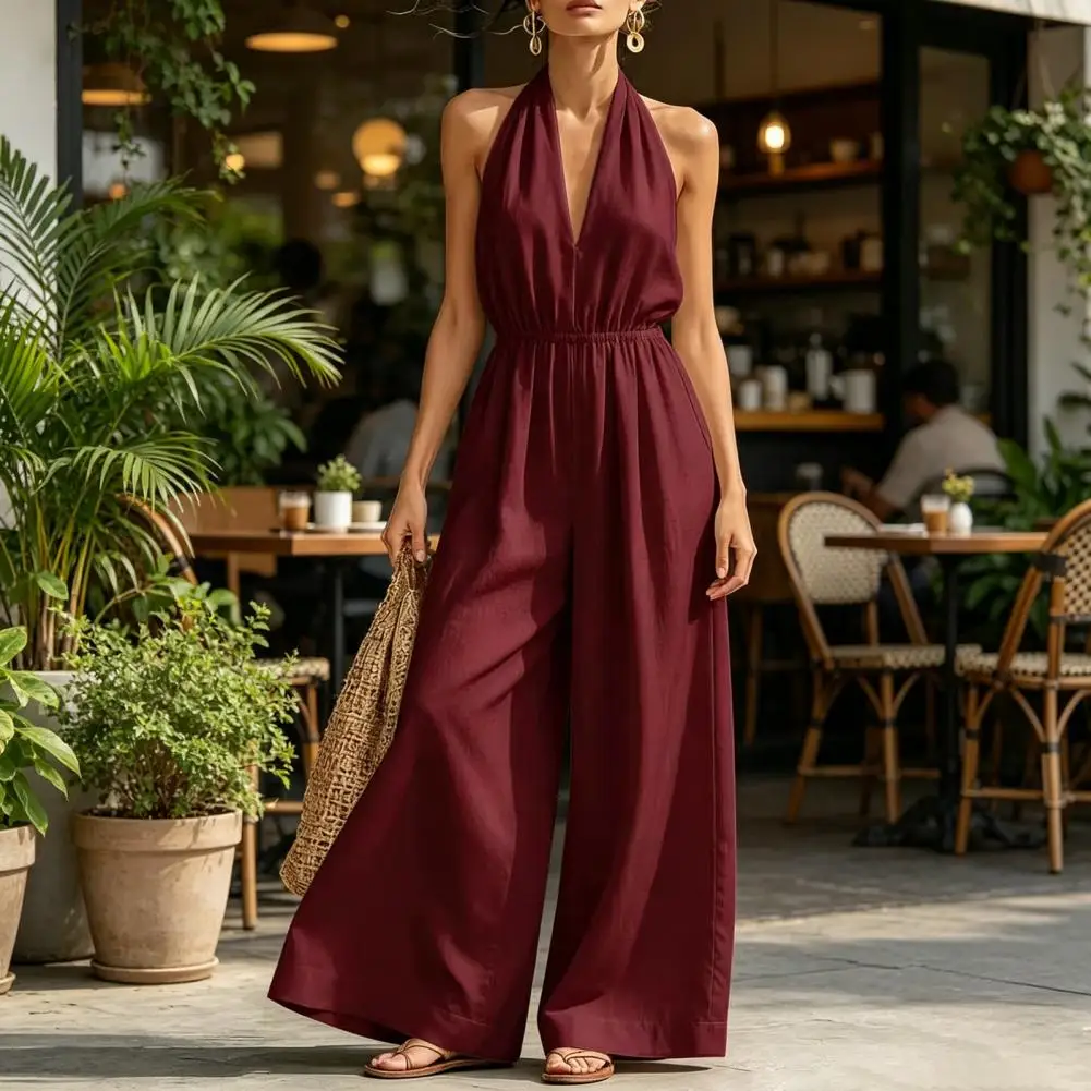 

Casual Women Jumpsuit Halter Sleeveless Jumpsuit Elastic High Waist Wide Leg Pants Rompers Summer Casual One Piece Outfits
