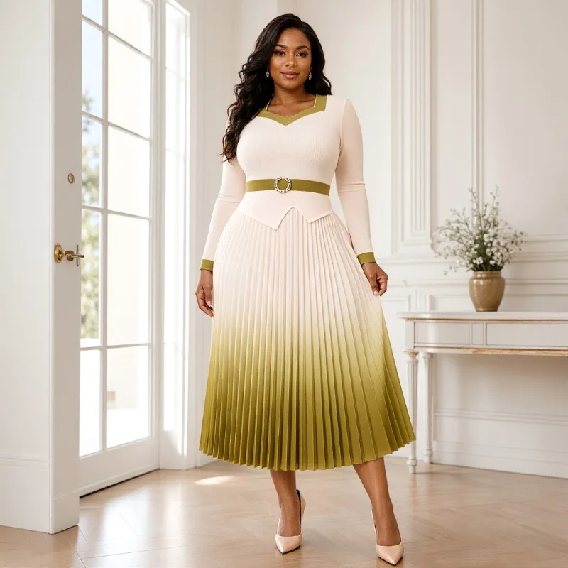 

Miyake Pleated Dresses 2026 European New Long Sleeve French Square Neck Elegant Gradient Print Stretch Non-iron Plus Size Dress