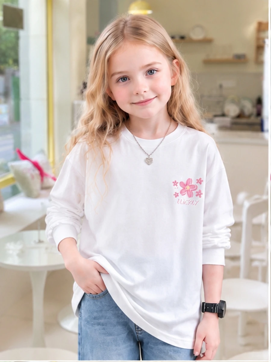 Girls Long Sleeve T-shirt 100% Cotton Cute Pink Lucky Flower  Chest Print Crew Neck Loose Casual Kids Autumn Basic Tee