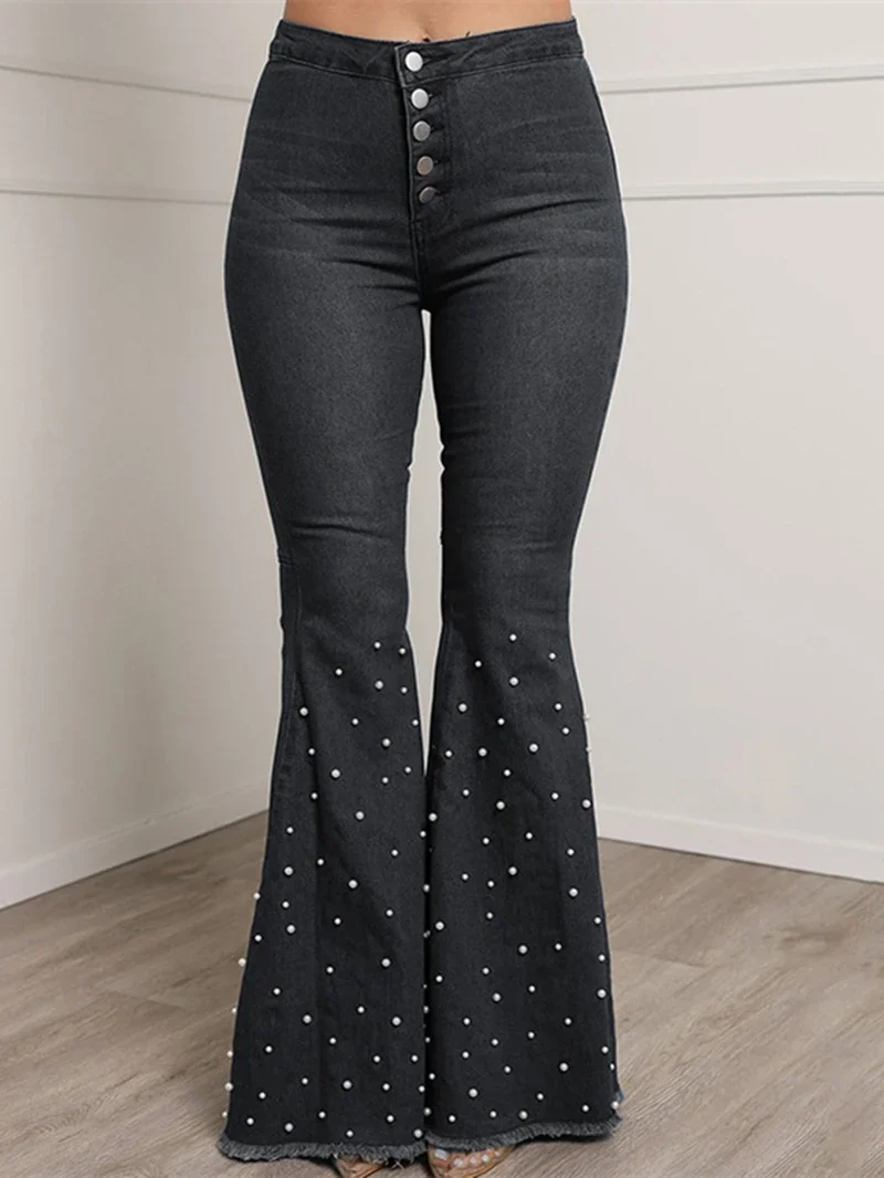 

Fashion Denim Jeans for Women Y2K Clothes High Waist Jean Flare Pants Beadings Loose Straight Denim Trousers Bell-Bottom Jeans