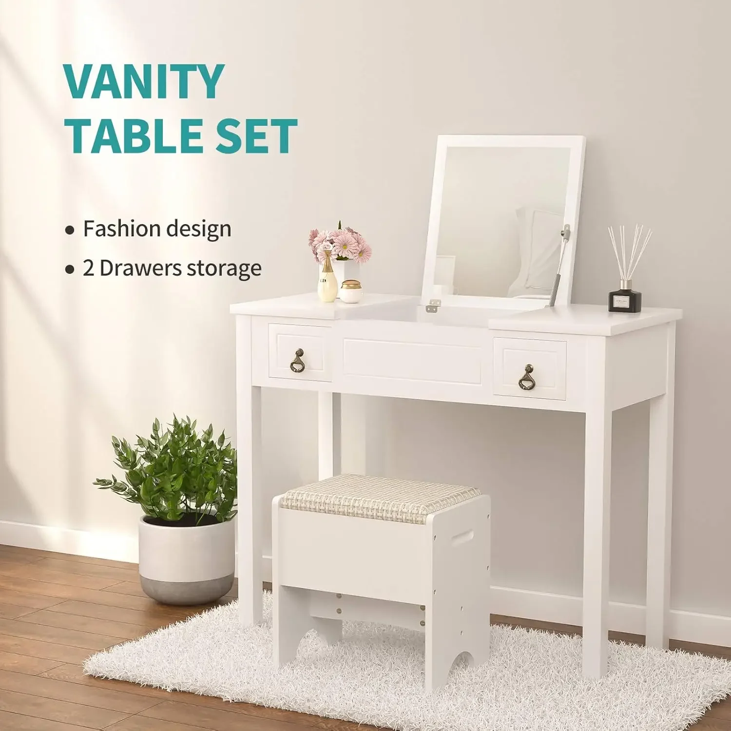 Vanity with Flip Top Mirror,Vanity Table Set/Cushioned Stool &2 Drawers,3 Removable Organizers Writing Desk Bedroom Bathroom Fur