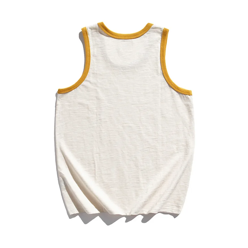 230G Summer Fashion Men\'s Yellow Neck Patchwork Cotton Vest Sleeveless Casual Loose Waistcoat Teens Gym Exercise Retro Tank Tops