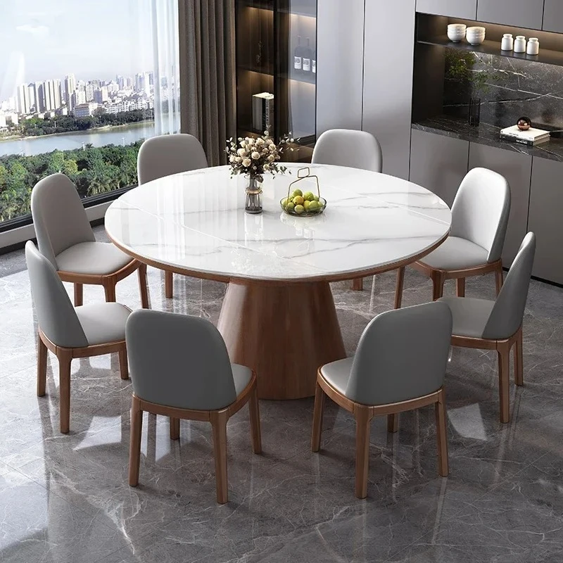 54-Light luxury rock slab solid wood dining table modern simple turntable high-end round