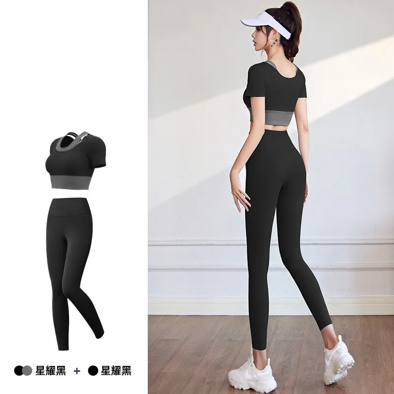 Chest Pad T Shirt+Leggings Women Yoga Two Piece Set Quick Dry Fitness Gym Crop Top Tracksuits Sportswear Running Clothing