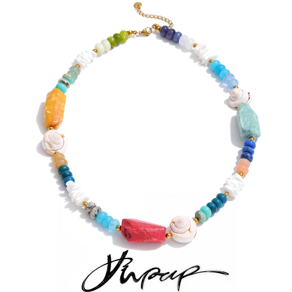 Yhpup Ocean Series Handmade Jewelry 2026 New Arrivals Multi-Color Natural Stone Resin Conch Shell Beads Chain Fashion Necklace