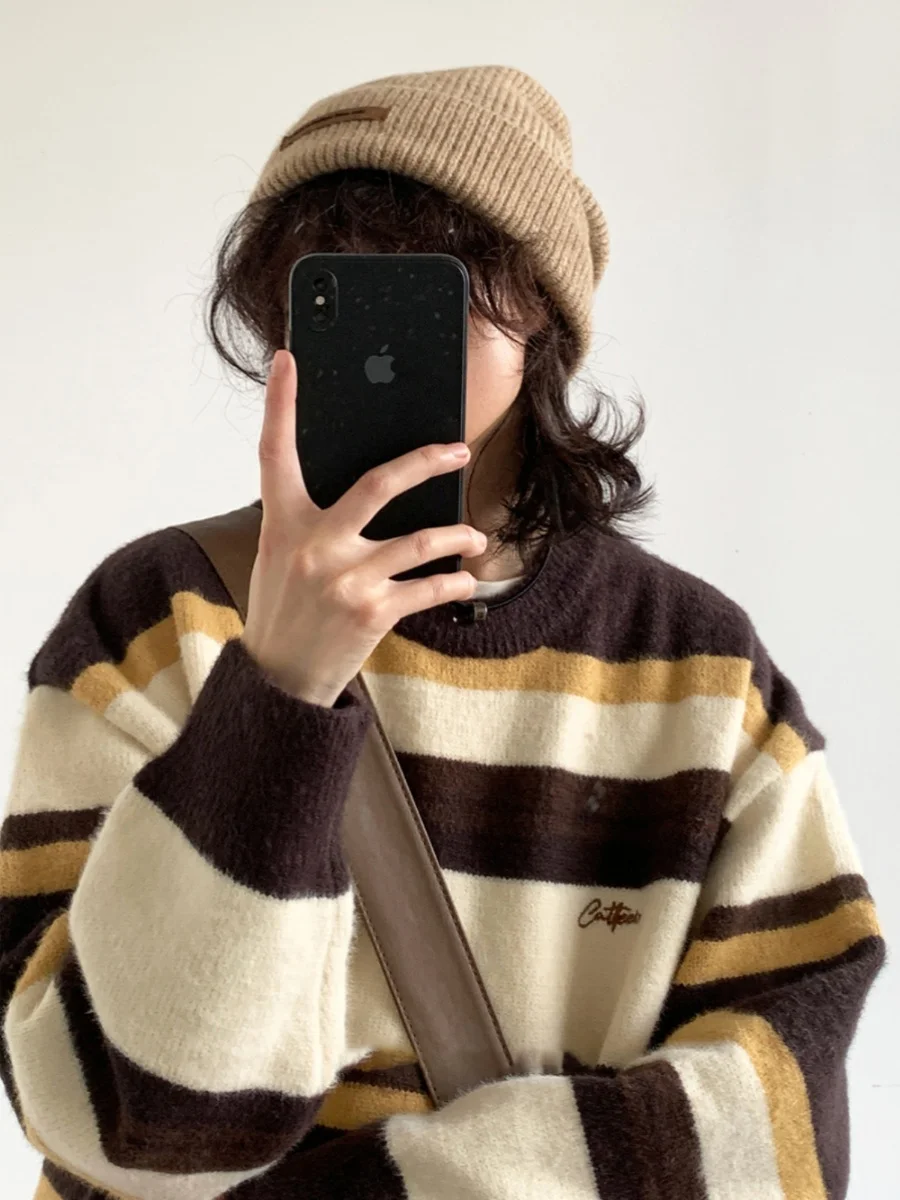 

Retro Japanese Sle Striped Knitted Sweater Loose Letter Embroidery Spring Autumn College Faion Men Women Base irt
