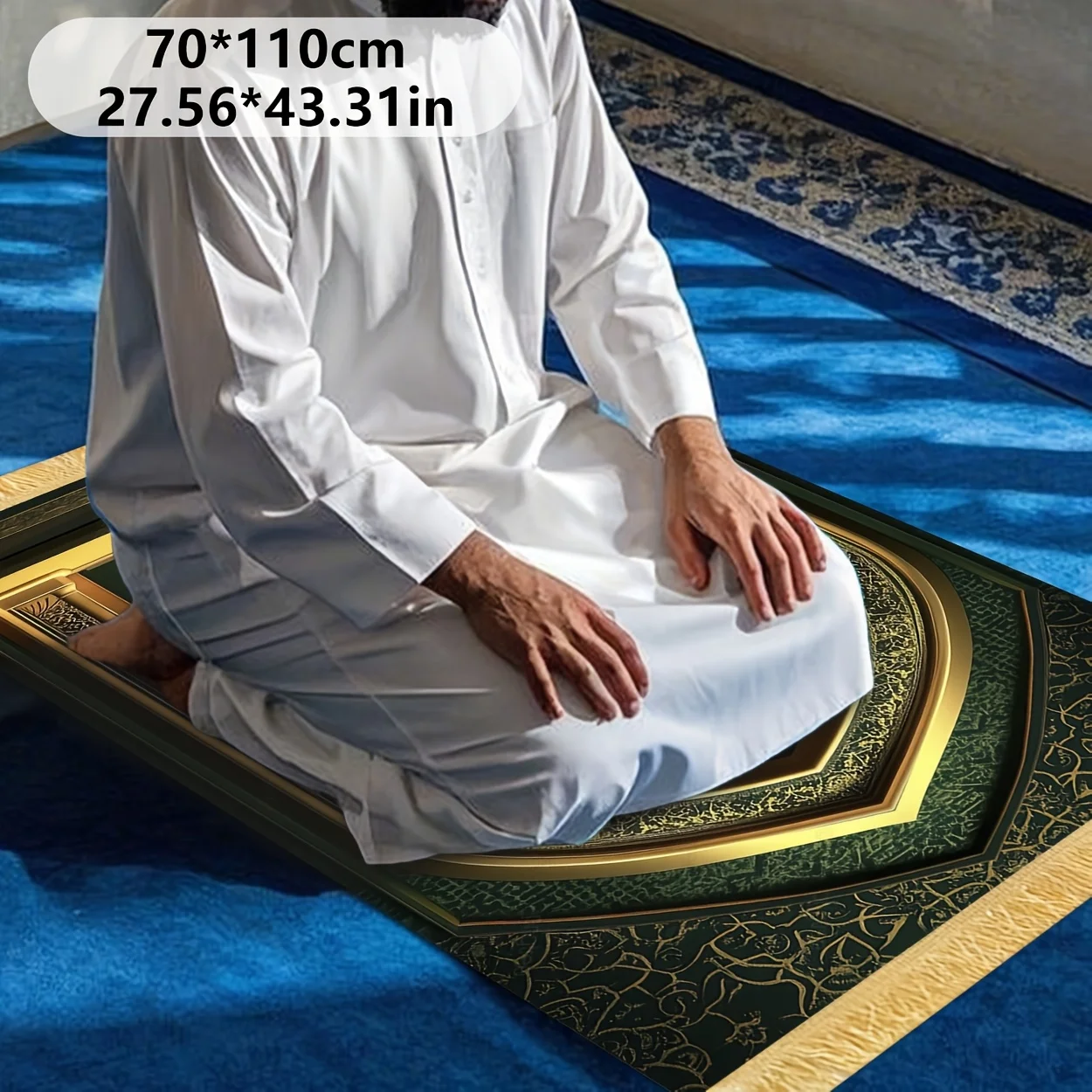 VIKAMA Islamic Prayer Mat, Muslim Travel Sujada With Gold Print, Foldable Outdoor Worship Rug With Tassels, Pilgrimage & Daily