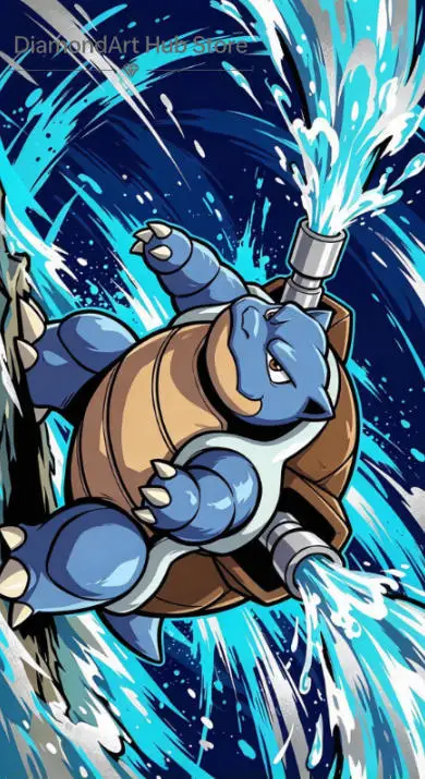 Pokemon Blastoise Graffiti Style Water Cannon Dark Blue Splash Background Diamond Painting Kit, DIY Full Round Drill Diamond A