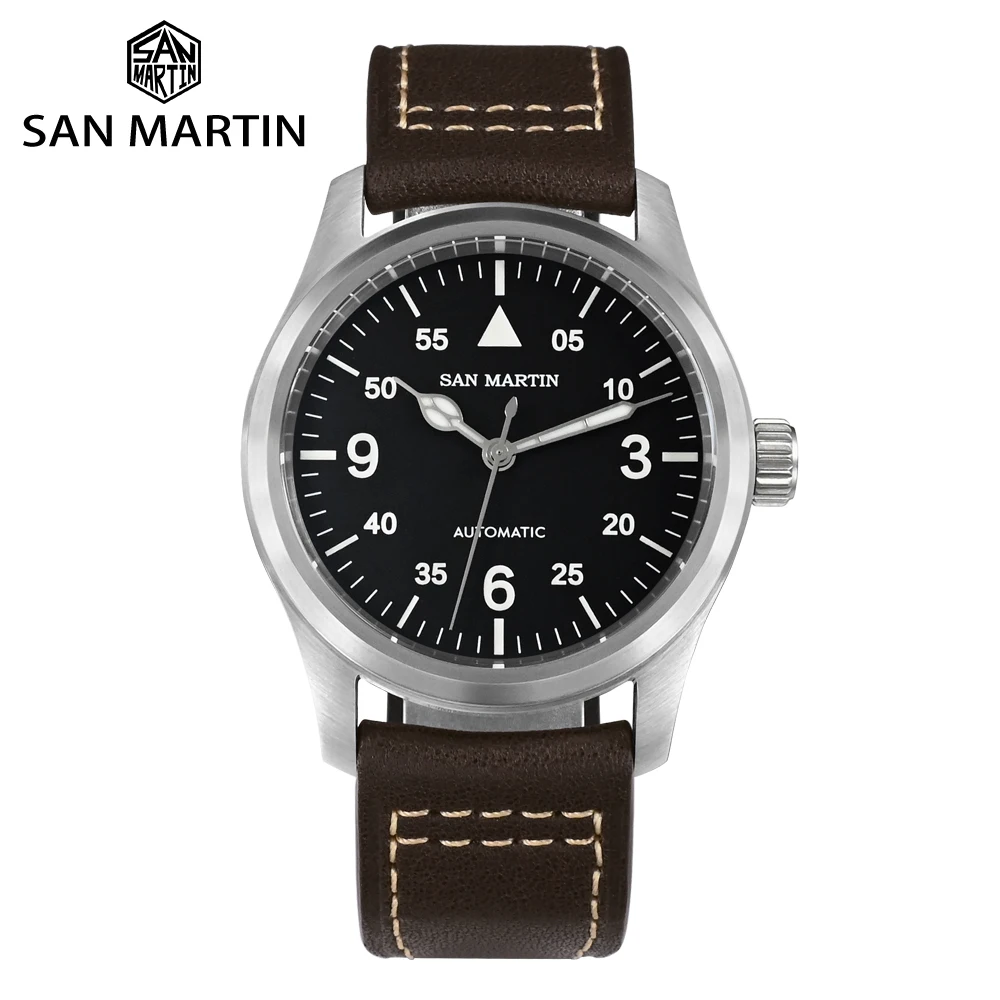 San Martin 37mm Pilot Watch For Men 8215 Retro Mechanical Wristwatch Military Clock Automatic Waterproof 10Bar BGW9 SN0034B-1