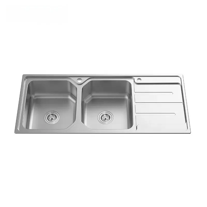 

New Model Double Bowl Kitchen Sink Stainless Steel 304 with Leakproof Wastebin and Drain Board 1-Hole