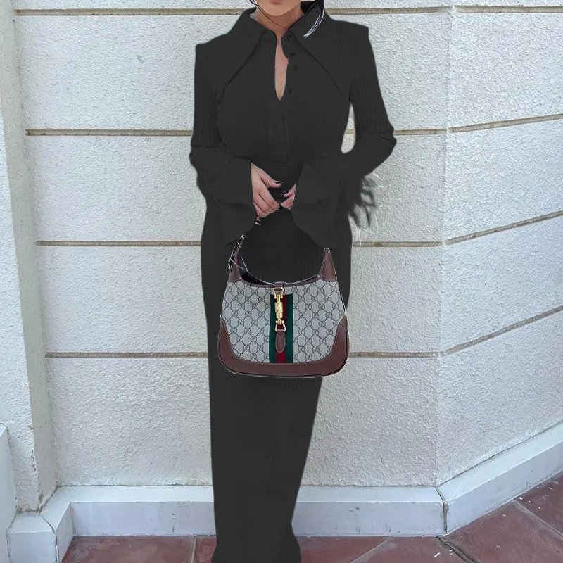 Elegant Party Dresses Woman 2024 Lapel Banquet Feater Long Dresses Autumn and Winter Classics Stylish Slim-fit Dress