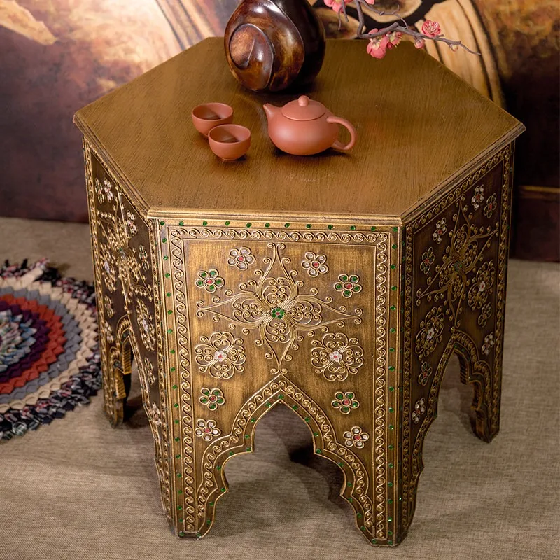 Southeast Asian Vintage Round Side Table, Handcrafted Decorative Tea Table for Sofa Side Balcony Home Accent