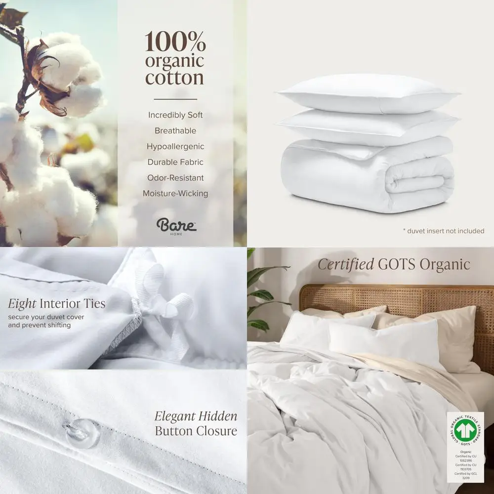 

King/Cal King Organic Cotton Duvet Cover Set - Ultra Soft, 3-Piece, Buttoned Closure, White