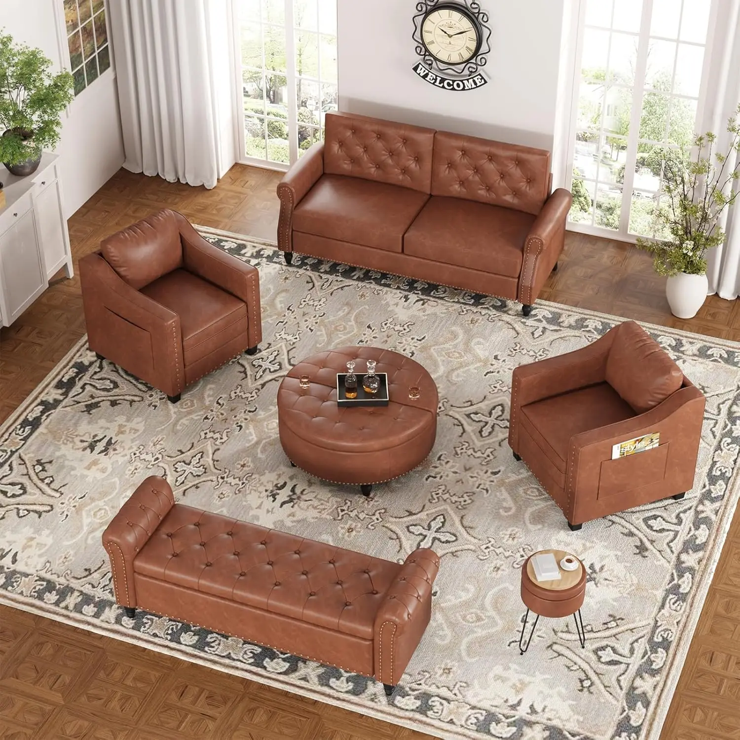 30 Inch Mid Century Modern PU Leather Barrel Accent Armchair Club Chair for Living Room Bedroom Guest Room Customized