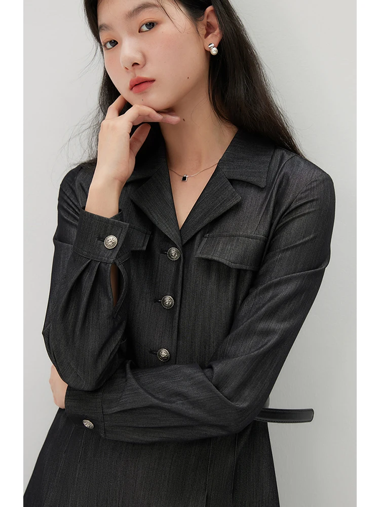 ZIQIAO Women Imitation Denim Black Long Sleeve Suit Dress Belt Decoration Female Spring New Pleated Mini Dress 24ZQ91198